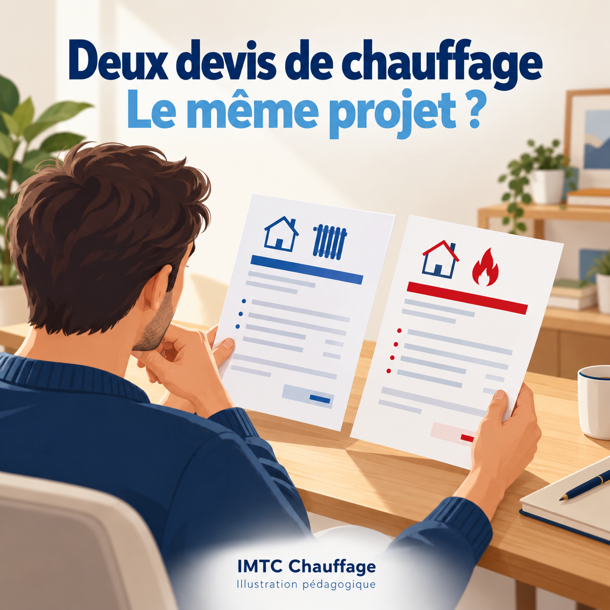 Illustration pédagogique de deux devis de chauffage pour un projet à préciser.