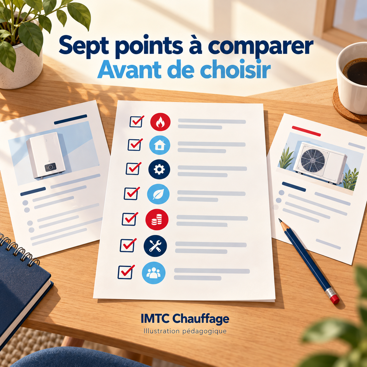 Illustration pédagogique d’une grille de sept points de comparaison.